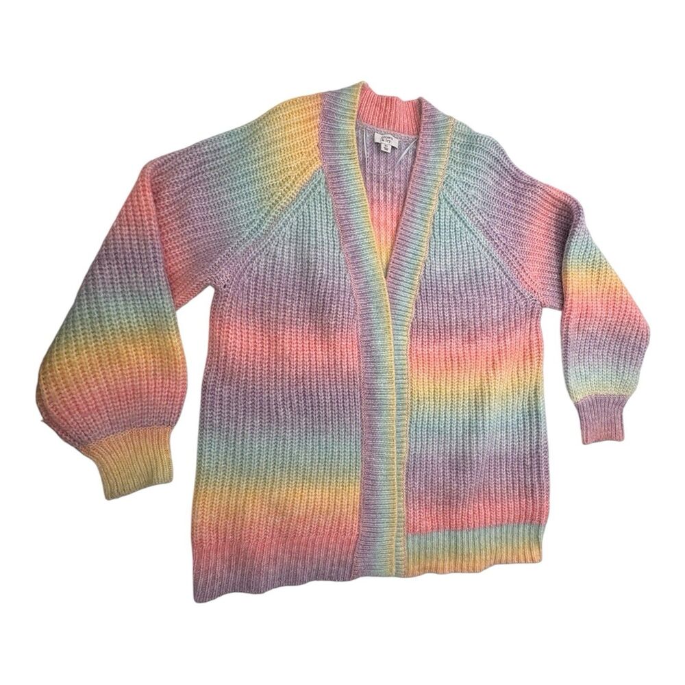Crown & Ivy Cardigan Womens XL Pastel Rainbow Chunky Knit Open Front Sweater
